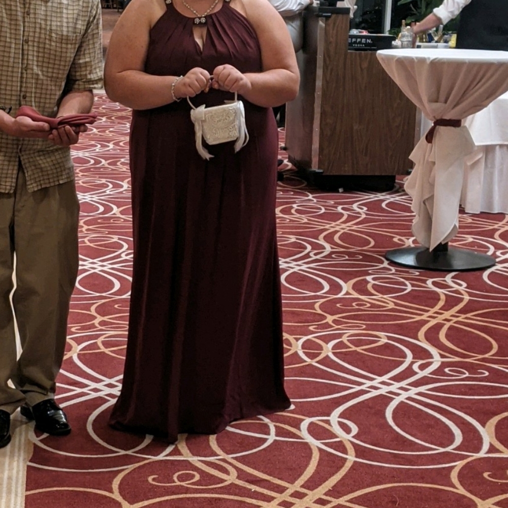 Bridesmaid dress, wine, 22w, and shawl